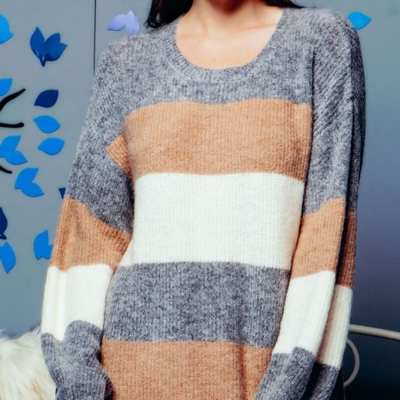 NEW Neutral Stripe Colorblock Soft Sweater Dress - Picture 11 of 13